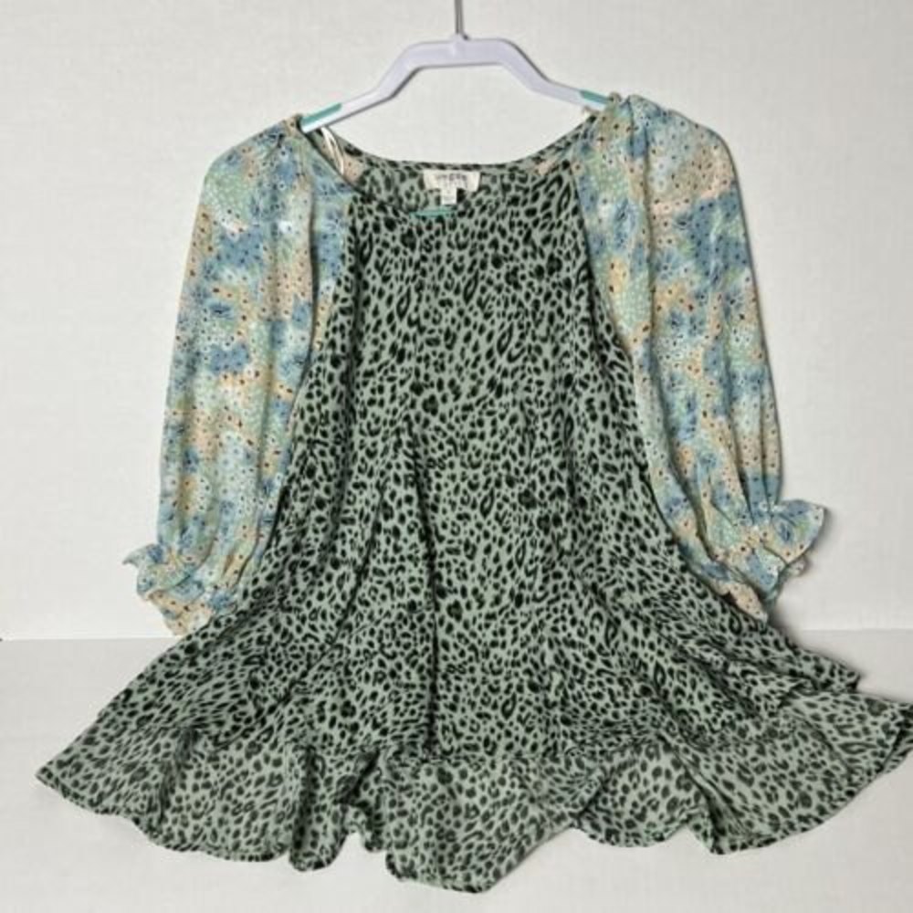 Umgee Dusty Sage Animal Print Dress w/ Wide Floral Sleeves Size S